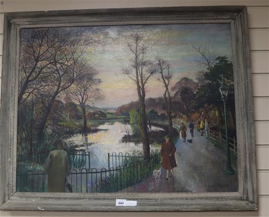 Robert Dumont Smith, oil on board, Figures beside a pond, signed, 70 x 90cm
